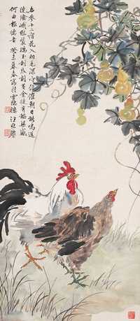 汪亚尘 癸未（1943年）作 葫芦双鸡 立轴